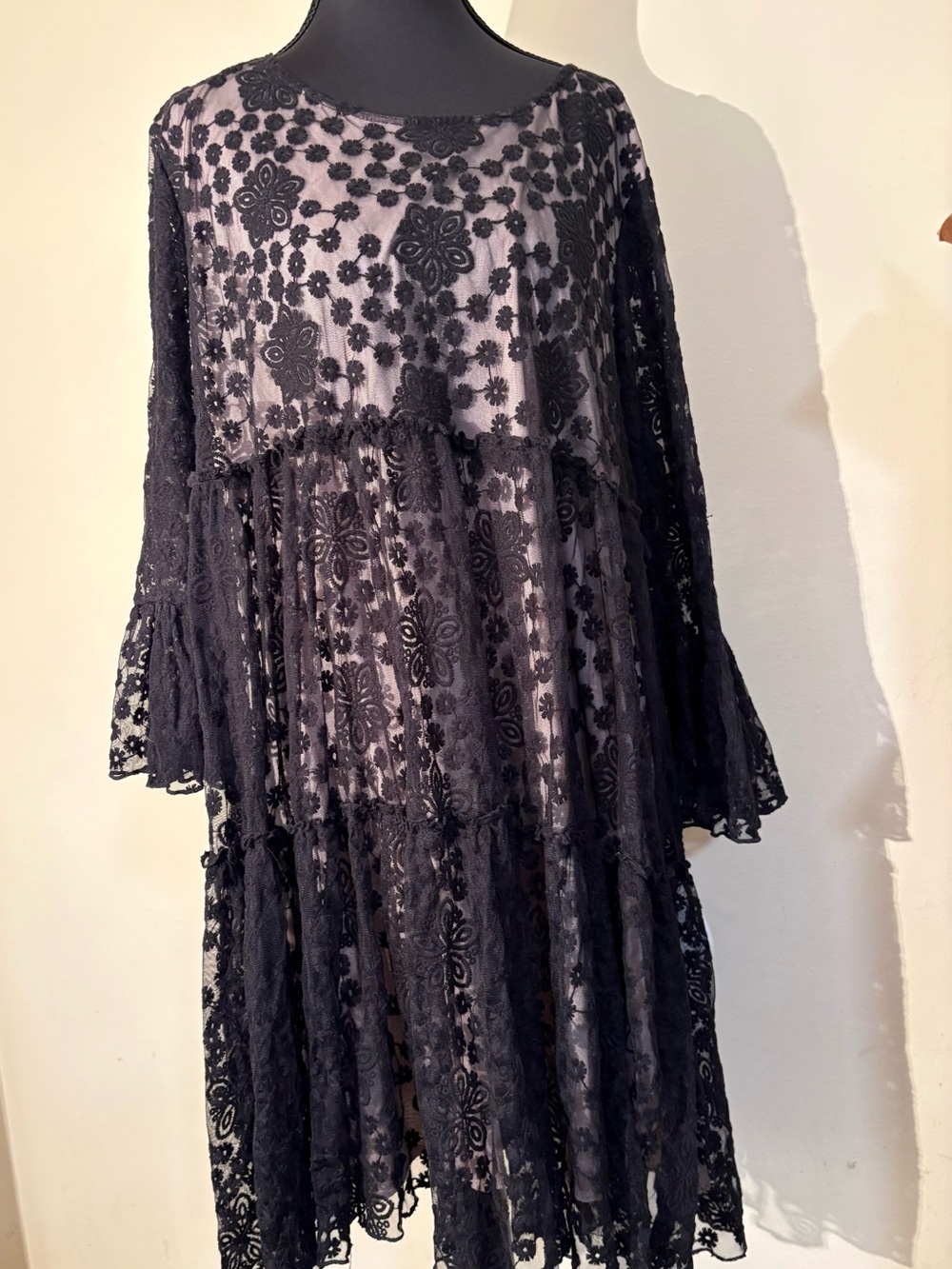 #Black Floral Lace Dress-Long Sleeve Tiered #FairyGoth #Sophisticated #Mystical